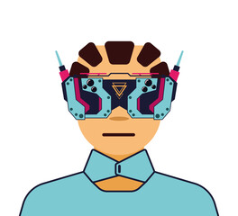 Future man icon with technology headset goggles from cyberpunk world, metaverse with virtual reality goggles. Sci-fi concept. Person has scientifically fantastically modified eyes, implants. Vector