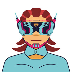 Woman from the science fiction of the future in futuristic gadgets, implants connected to the global network and energy sources. Girl all in wires and glasses of virtual reality metaverse, cyberpunk