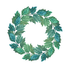 Watercolor round frame of leaves, ecology, green, emerald color, botanical background, your inscription, postcard