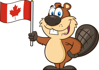 Cute Beaver Cartoon Mascot Character Holding A Canadian Flag. Vector Hand Drawn Illustration Isolated On Transparent Background © HitToon.com