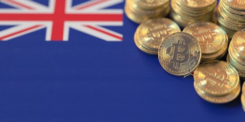 Pile of bitcoins and flag of New Zealand. National cryptocurrency regulations conceptual 3d rendering