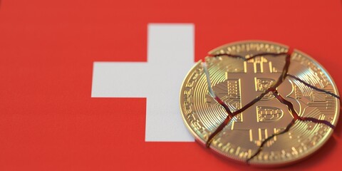 Fototapeta na wymiar Broken bitcoin on the flag of Switzerland. Legal issues and cryptocurrency regulations problems concepts, 3d rendering