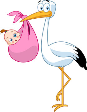 Stork Delivering A Newborn Baby Girl. Vector Hand Drawn Illustration Isolated On Transparent Background