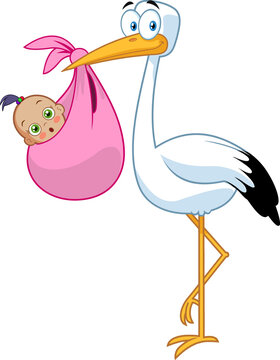 Stork Delivering A Newborn African American Baby Girl. Vector Hand Drawn Illustration Isolated On Transparent Background