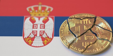 Flag of Serbia and broken bitcoin. Cryptocurrency ban or crypto legal issues concepts, 3d rendering