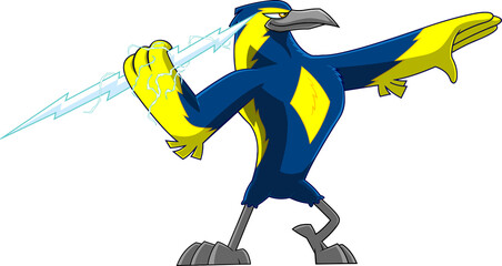 Thunderbird Bird Cute Cartoon Character Holding A Big Тhunderbolt. Vector Hand Drawn Illustration Isolated On Transparent Background - obrazy, fototapety, plakaty