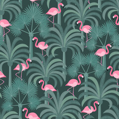 Seamless art deco wallpaper background of pink flamingos in a lush tropical palm grove