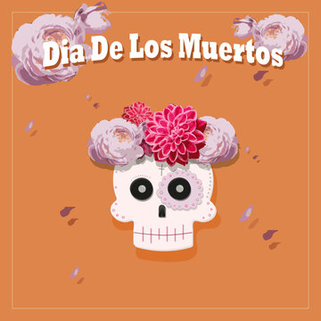 Dia de los muertos. Day of the dead. Mexican sugar skull with big flowers on orange background