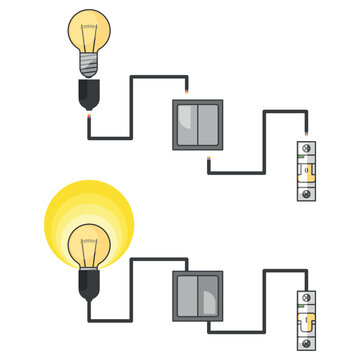 An image of an electrical circuit with a light bulb connected through a switch from an electric packet. Vector illustration of connected and disconnected system. Separate images.