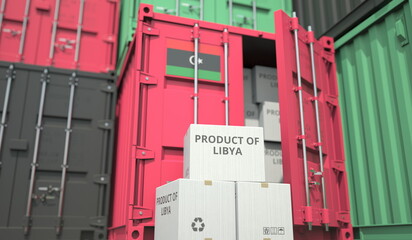 Cartons with goods from Libya and shipping containers in the port terminal or warehouse. National production related conceptual 3D rendering
