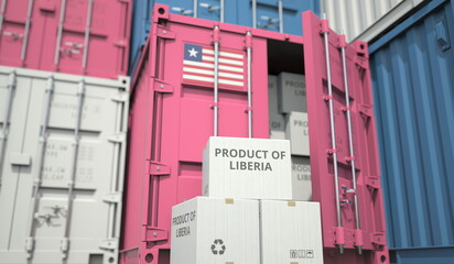 Cardboard boxes with goods from Liberia and cargo containers. Industry and logistics related conceptual 3D rendering