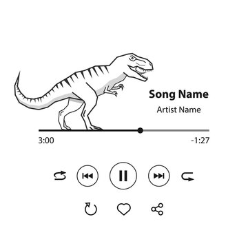 Music player interface with buttoms, loading bar,dinosaur illustration