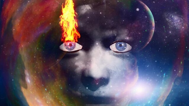 Woman face and fire in colorful space
