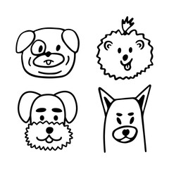 Funny dogs cartoon character set. Cute puppies of pug, pomeranian spitz, schnauzer breed line art. Nice happy pets isolated on white background. Hand drawn vector illustration in cartoon style.