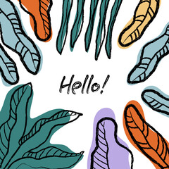 Postcard made of bright leaves in the style of a doodle. A linear hand drawing with colored spots. Vector illustration. Botanical Frame