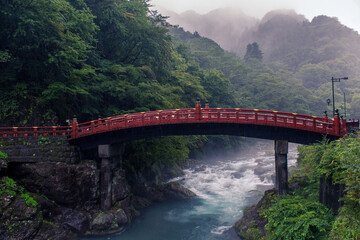 Traditional Japanese red bridge in Nikko