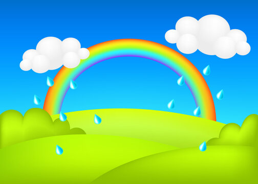 Rainy weather on meadow 3d vector illustration. Landscape with rainbow on green valley kids forecast background. Colorful cute scenery with rain drops, spring green grassland, blue sky for children.