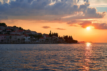 Landscape picture of the sunset over the dalmatian coast and adriatic sea in Korcula island in...