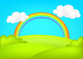 Meadow 3d vector illustration. Fantastic landscape with rainbow on green valley kids background. Colorful cute scenery with rainbow, spring green grassland, blue sky  for children's sites or printing.