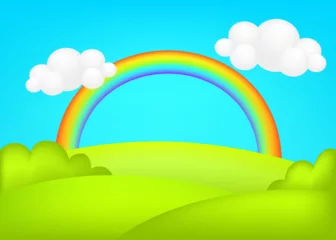 Schilderijen op glas Meadow 3d vector illustration. Fantastic landscape with rainbow on green valley kids background. Colorful cute scenery with rainbow, spring green grassland, blue sky  for children's sites or printing. ©  Tati. Dsgn