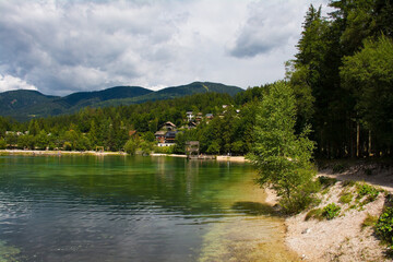 Jasna Lake near Kranjska Gora in the Upper Carniola region of north west Slovenia. An artificial lake created for tourism purposes
