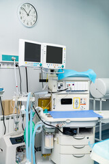 Operating hospital technologies. Medical professional equipment in emergency room.