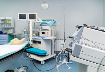 Medical professional equipment in emergency room. Operating hospital technologies.