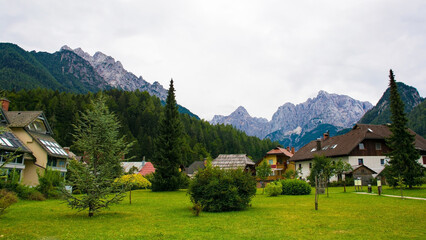 Fototapeta na wymiar The mountain town of Kranjska Gora in the Upper Carniola region of north west Slovenia 