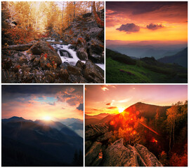 spectacular summer collage, awesome sunset landscape, beautiful nature background in the mountains, Europe	