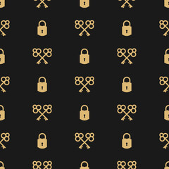 seamless ornament with magic golden keys and vintage locks. Vector retro pattern on black . Catch luck, tint, hint concept. Mystery or clue wallpaper. Fairytale, fantasy wonderland background