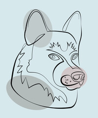 Color icon of a husky breed dog. Continuous line drawing of dog, minimalist hand drawn vector illustration in simple one line style