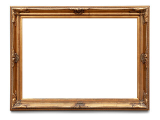 A rectangular wooden golden painting frame with antique ornaments. Full transparent PNG. - obrazy, fototapety, plakaty