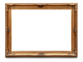 A rectangular wooden golden painting frame with antique ornaments. Full transparent PNG.