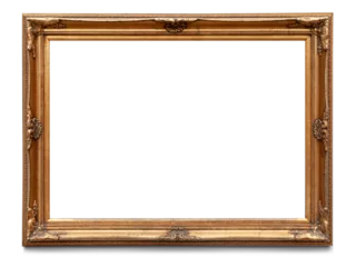 Fotobehang A rectangular wooden golden painting frame with antique ornaments. Full transparent PNG. © Paul