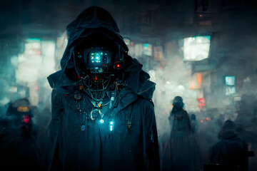dark cybermage, cyberpunk sorcerer in a cloak with a hood, neural network generated art. Digitally generated image. Not based on any actual scene or pattern. - obrazy, fototapety, plakaty