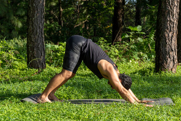 Fototapeta premium young man, doing yoga or reiki, in the forest very green vegetation, in mexico, guadalajara, bosque colomos, hispanic,