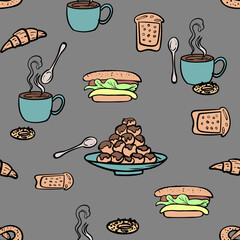 Multicolor vector illustration on the theme of breakfast, with a cup, cookies, croissant, toast, teaspoon and cakes.  For wrapping paper, for backgrounds, for use in the food industry.