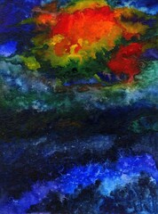 Watercolor dark blue sky with orange yellow spots. Abstract space background