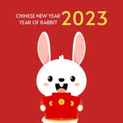 Happy Chinese new year greeting card 2023 with cute rabbit. Animal holidays cartoon character. Rabbit icon vector. Year of Rabiit.