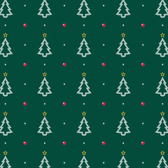Christmas trees and snowflakes, seamless green background. Vector, flat pattern with white Christmas trees and snowflakes on green background.