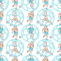 Girly seamless pattern, women's football, for the design of t-shirts, covers, advertising. Background with girls, soccer balls.