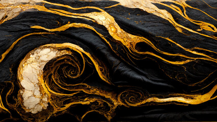 Luxurious  abstract lava, black marble swirls and gold.