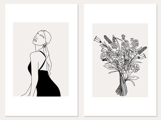 Poster Set with Woman Figure silhouette and bouquet. Trendy Linear Style.  Line Drawing Woman Model. Hand drawn Abstract feminine Silhouette for print, poster, social media, stories, logo, fashion