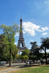 tower eiffel behind trees in paris tourists attraction