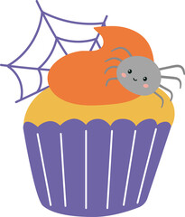 Halloween cupcake with pumpkin cream, spider and web