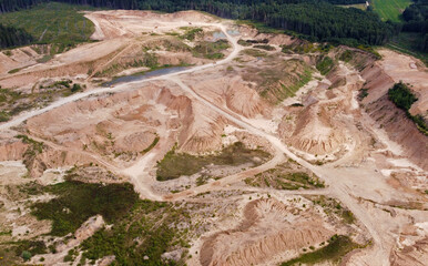 Aerial view of the mining quarry. Industrial landscape sand and desert.