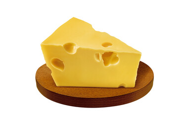Pedaço de queijo cortado sobre forma de madeira em fundo branco