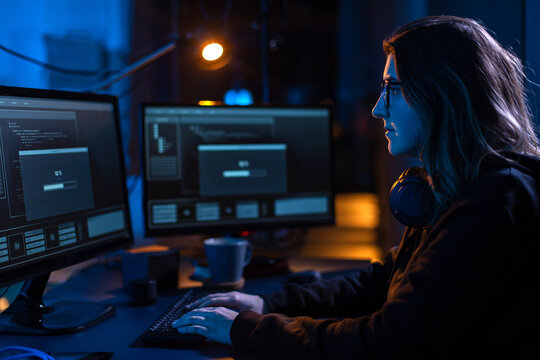 cybercrime, hacking and technology concept - female hacker in dark room writing code or using computer virus program for cyber attack