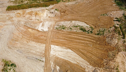 Aerial view of the mining quarry. Industrial landscape sand and desert.