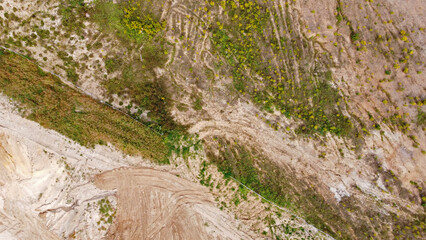 Aerial view of the mining quarry. Industrial landscape sand and desert.
